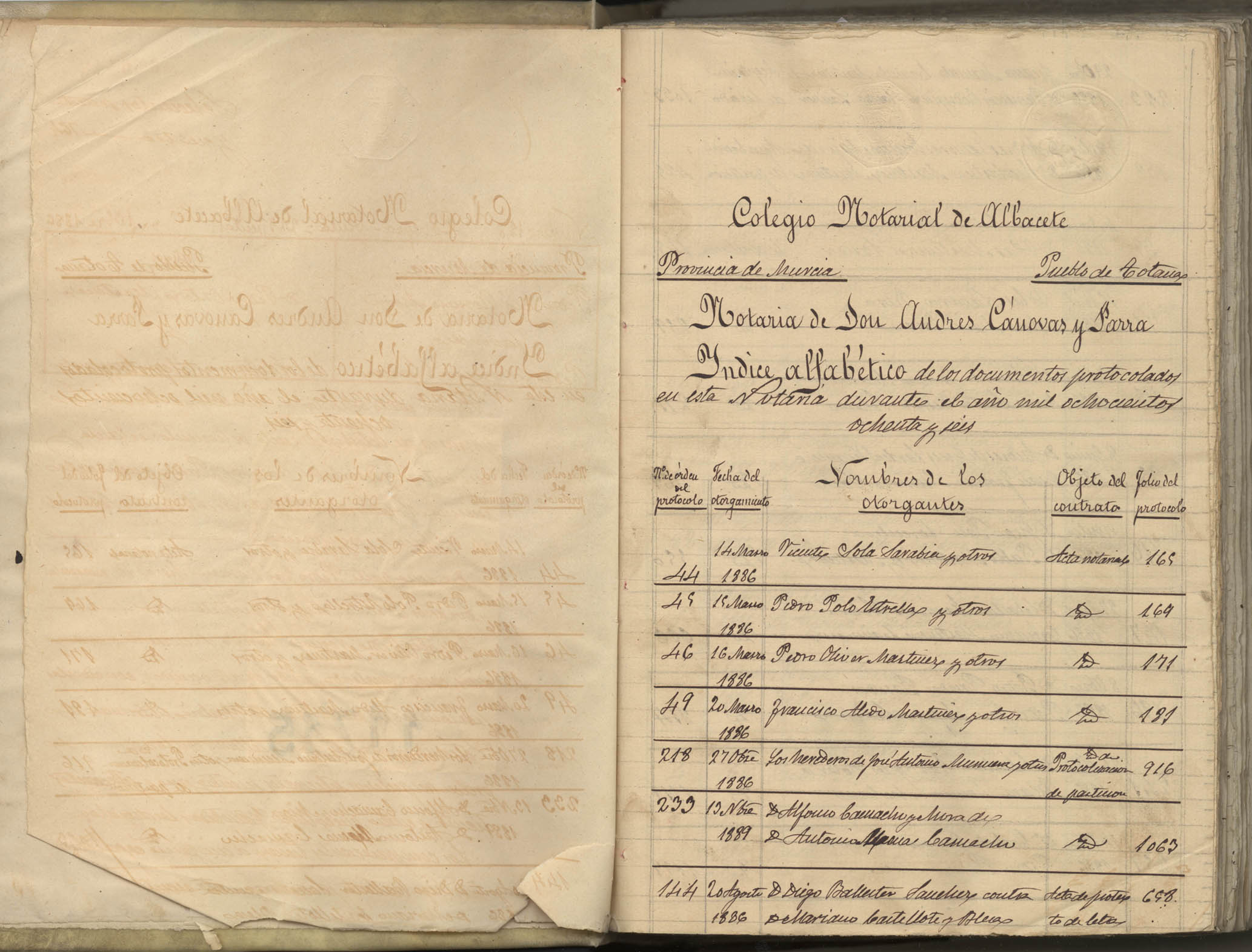 Registro de Andrés Cánovas Parra, Totana, de 1886: Tomo 1.